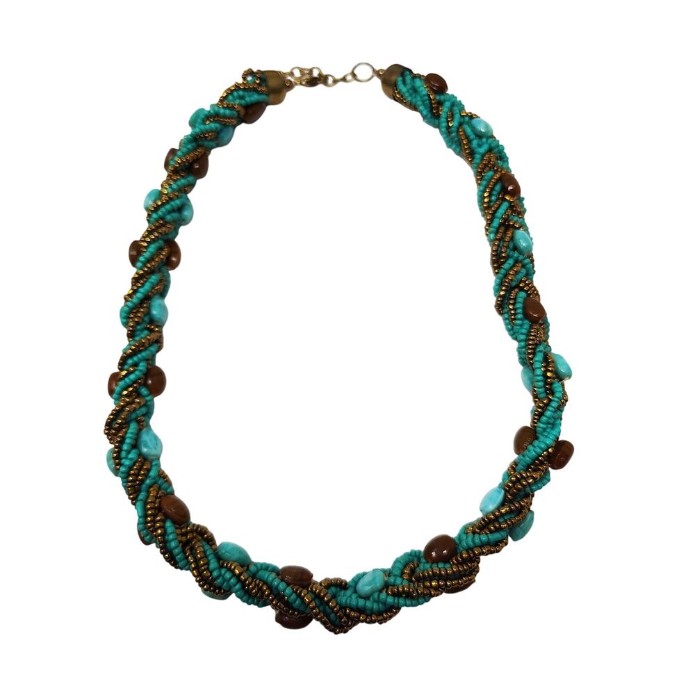 Vintage Glass Bead Necklace Braided Collar Turquoise Boho Aztec Native American